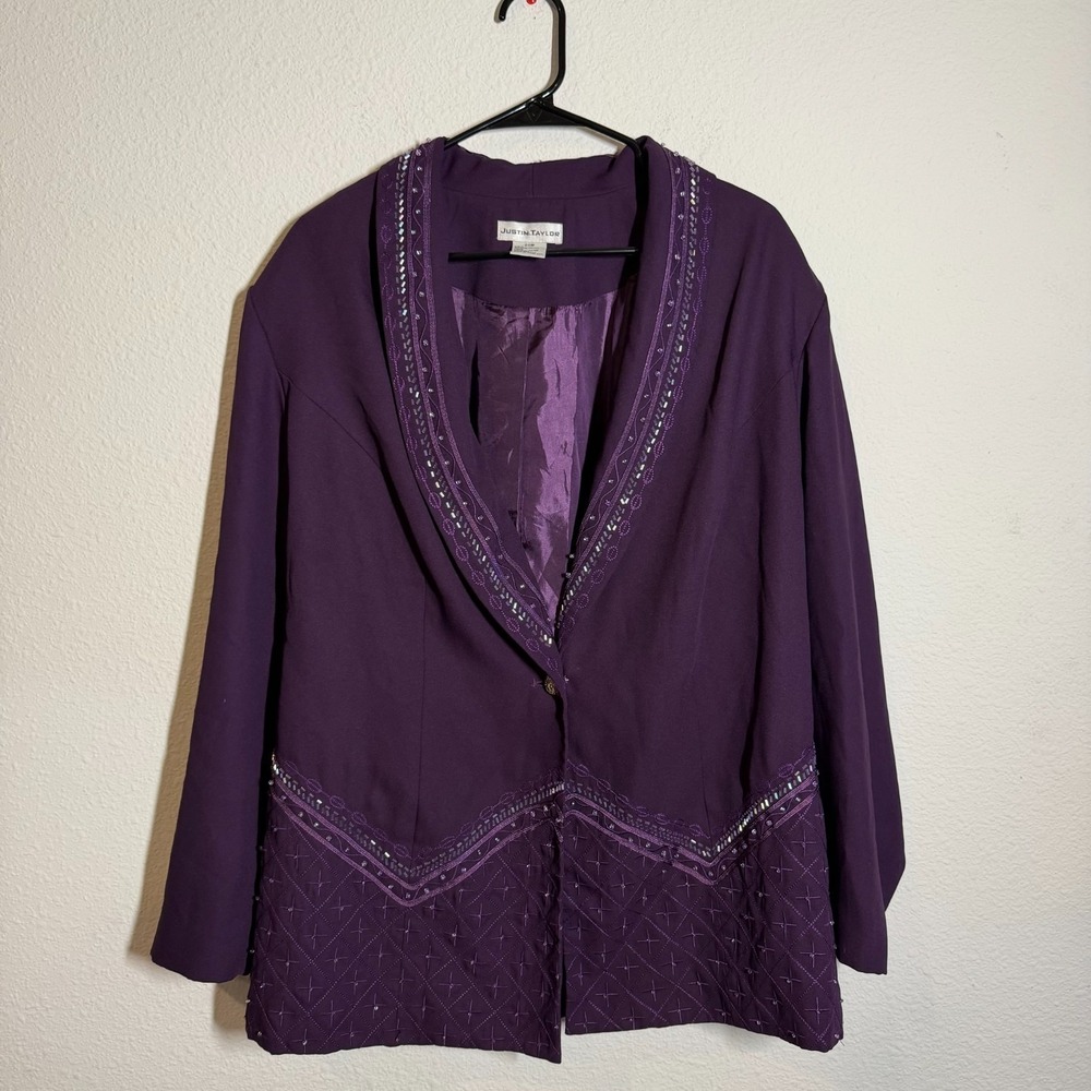 Justin Taylor Blazer Jacket Womens 20W Purple Lined Beaded Embroidered Formal